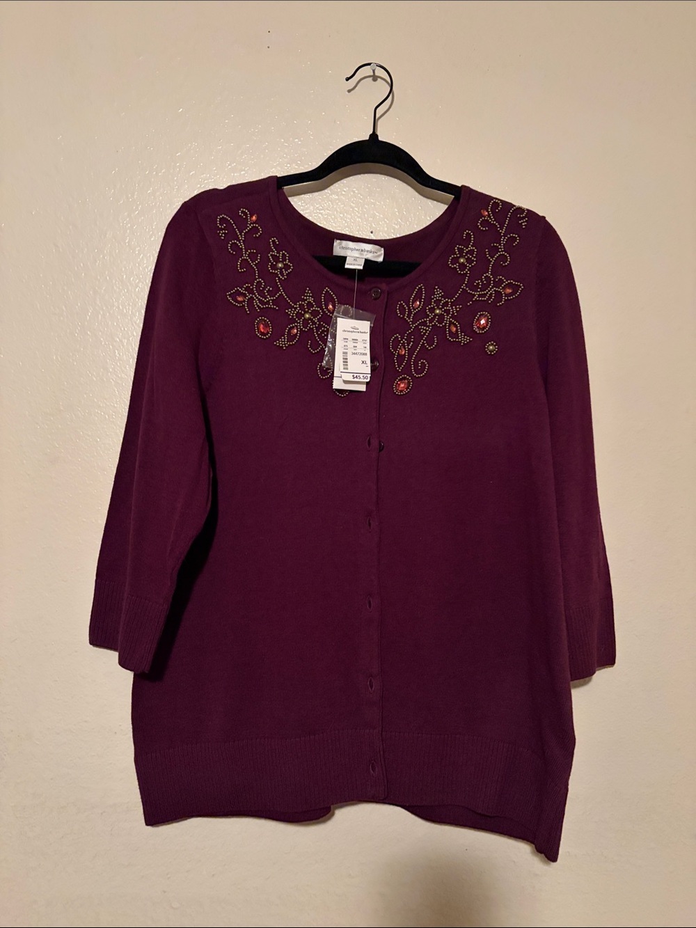 Christopher & Banks Plum Beaded Floral Cardigan